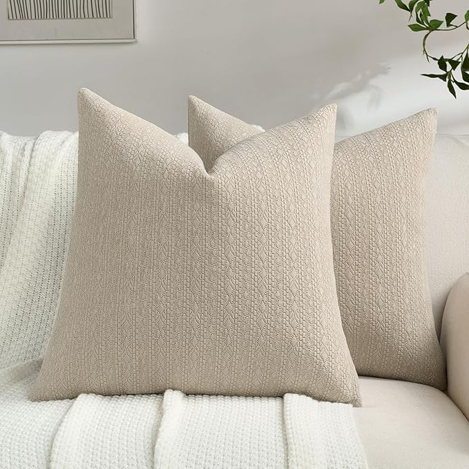 FUTEI Oatmeal Chenille Throw Pillow Covers 22x22 Inch Set of 2,Soft Striped & Diamond Textured Cushion Cases,Modern Home Decor for Couch Living Room