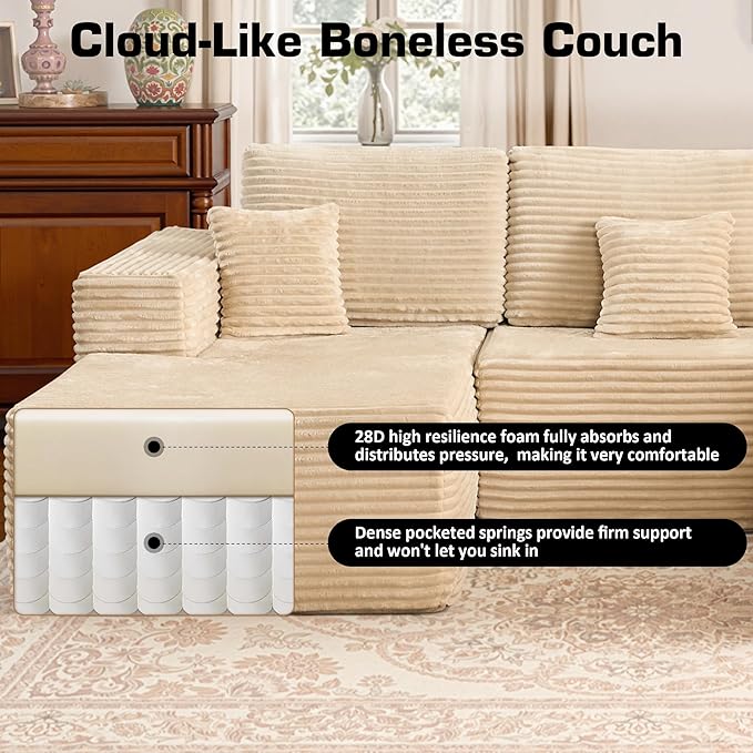 Weaxty Cloud Sectional Couch for Living Room, Oversized U Shaped Boneless Couches with Chaise, Plush Corduroy Memory Foam Deep Seat Floor Sofa, No Assembly Required，Beige