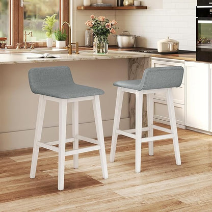 COSTWAY Wooden Bar Stools Set of 2, 29-inch Height Upholstered Padded Seat, Low Backrest, Footrest, Rubber Wood Legs, Armless Bar Chairs for Kitchen Counter Island, Dining Room, White+Gray