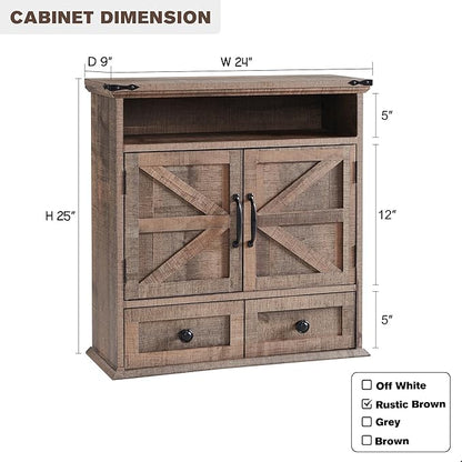 ACCOHOHO Bathroom Wall Cabinet, Farmhouse 24" Wide Medicine Cabinet with Drawer, Adjustable Shelf, Double Barn Doors, Storage Cabinets for Bathroom, Kitchen, Living Room, Rustic Brown