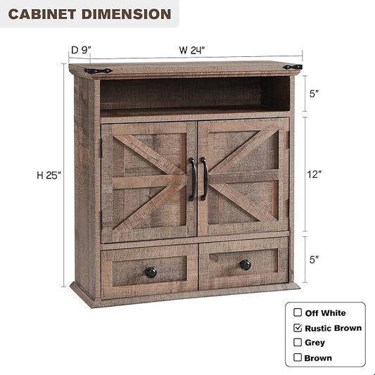 ACCOHOHO Bathroom Wall Cabinet, Farmhouse 24" Wide Medicine Cabinet with Drawer, Adjustable Shelf, Double Barn Doors, Storage Cabinets for Bathroom, Kitchen, Living Room, Rustic Brown