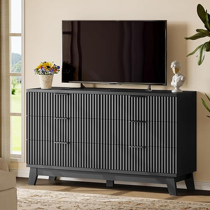Fluted Dresser with 6 Drawers, 54" Wide Modern Chest of Drawers with Metal Handle, Wooden Dresser TV Stand, Wood Closet Clothes Storage Organizer for Bedroom, Living Room, Hallway, Solid Black