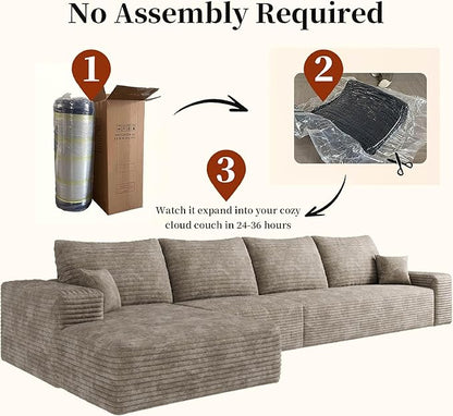 135.4'' Oversized Cloud Sofa Sectional Couch, Boneless Couch with L-Shape Chaise, Upholstered Compression Modular Sectional Sofa for Living Room, No Assembly Required (Camel, Left Facing Chaise)