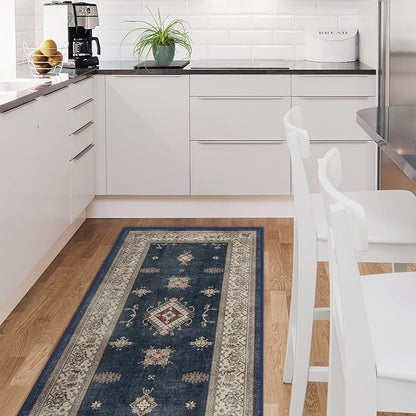 RUGGABLE Washable Vintage Area Rug – Verena Sapphire 9x12, Stain-Resistant, Non-Slip – Large Machine Washable Rugs for Living Room, Bedroom, Hallway, Entryway & Office–with Cushioned Pad