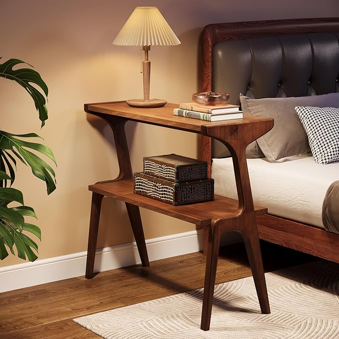 Tribesigns Set of 2 Solid Wood End Table, 2-Tier Farmhouse Couch Side Table, Rustic Tall Sofa Side Table with Storage Shelf for Living Room, Skinny Bedside Table, Nightstand for Bedroom, Rustic Brown