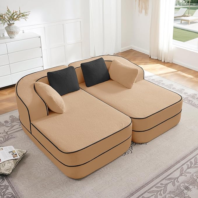 Cloud Sectional Sofa Modern Boneless Couch for Living Room, Comfy Deep Seat Comfy Teddy Fabric Double Sofa Chaise No Assembly Required (Camel, 77.2" Double Chaise Lounge)