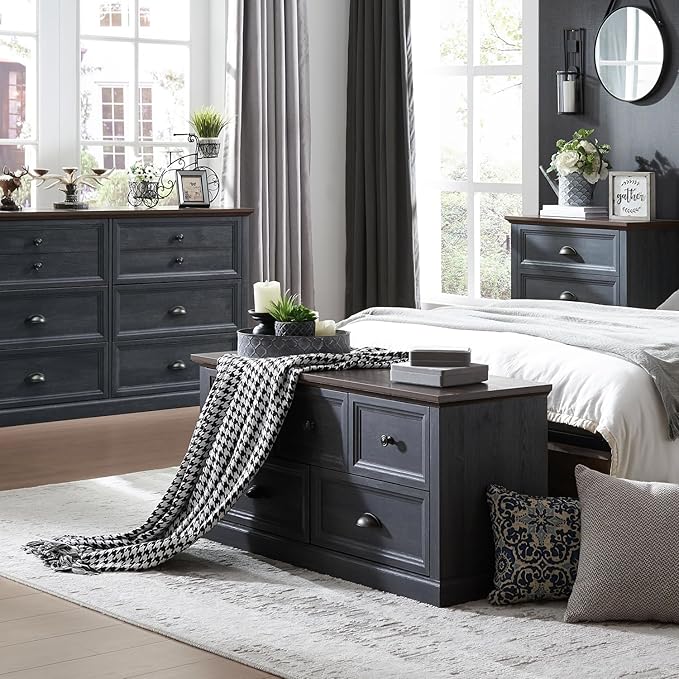 Farmhouse 5 Drawers Dresser for Bedroom, 45" Wide Chest of Drawers, 21" Tall Storage Closet Bench Storage Chest Storage Trunk, Wood Rustic Dresser for Closet, Living Room, Hallway, Dark Grey