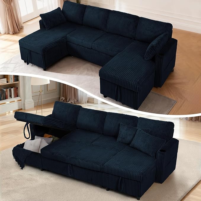 110" Corduroy Pull Out Sofa Bed w/Adjustable Backrests, Sectional U-Shape Sleeper Sofa w/Storage Chaise, Convertible Couch Bed w/USB Charging Port & Cup Holders for Living Room, House, Blue