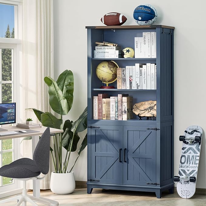 70in Tall Bookshelf 5 Tier Bookcase with Barn Doors and Adjustable Shelves, Blue Farmhouse Book Shelf with Storage Cabinet, Wood Freestanding Display Bookshelves for Bedroom, Kitchen (2PCS)