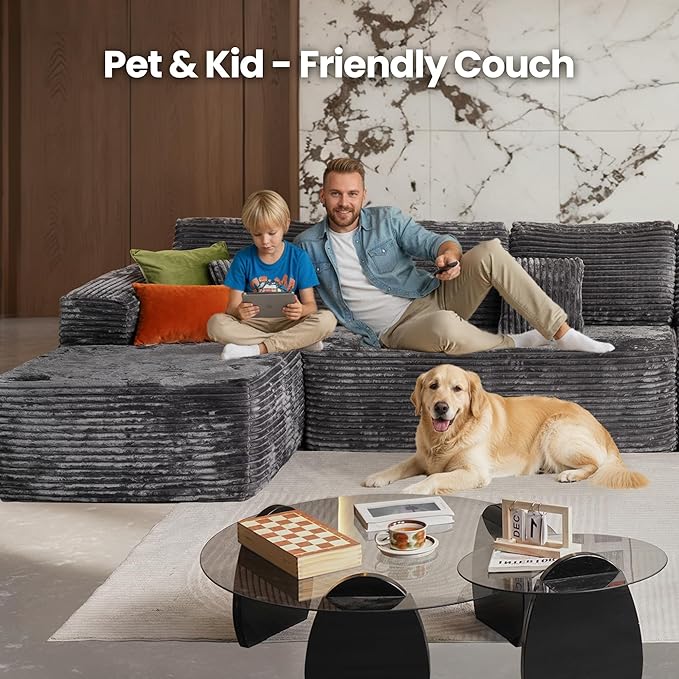 Cloud Sectional Couch with Chaise, Boneless U-Shaped Cloud Couch with Deep Seat, Soft Plush Modern Minimalist Sofa, Assembly Free Modular Floor Sofa for Office Living Room Apartment, Grey
