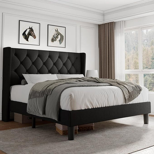 iPormis Full Size Platform Bed Frame with Button Tufted Headboard, Upholstered Bed Frame with Solid Wooden Slats, 8" Underbed Space, No Box Spring Needed, Noise Free, Easy Assembly, Black