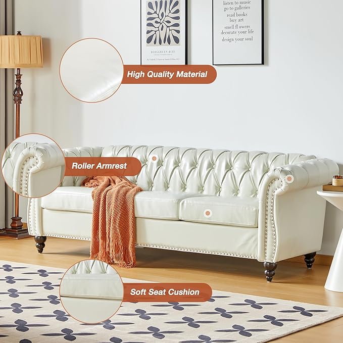 Chesterfield 3 Seater Sofa, Modern Leather Tufted Couch 3 Seater with Rolled Arms and Nailhead Mid-Century Upholstered Couch for Living Room, Bedroom, Apartment and Office, White