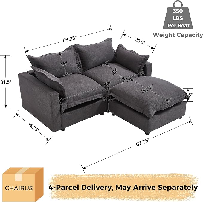 chairus 68" Love Seat Sofa with Ottoman Upholstered Linen Deep Seat Couch with Pillow Modular Oversized Couch Sleeper for Living Room, Bedroom, Reception Room, Apartment, 2-Seater/Black