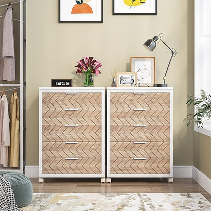 Tribesigns 5 Drawer Chest, Wood Storage Dresser Cabinet with Wheels, Industrial Storage Drawer Organizer Cart for Office Bedroom Entryway (Beige & White, 1 PC)