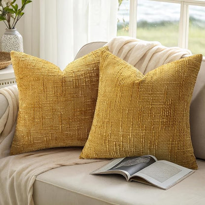 decorUhome Mustard Yellow Chenille Throw Pillow Covers 22x22 Set of 2 Thick Textured Slubby Couch Pillow Covers Farmhouse Accent Modern Neutral Decorative Pillow Cases for Bed Sofa Living Room