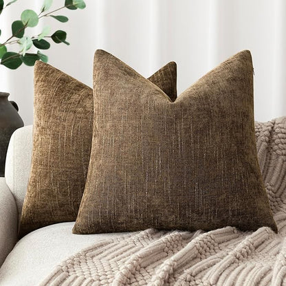 Foindtower Pack of 2 Soft Textured Chenille Throw Decorative Pillow Covers Square Accent Solid Cushion Cover Neutral Farmhouse Pillow Case for Couch Sofa Bedroom Living Room 26x26 Inch,Taupe Brown