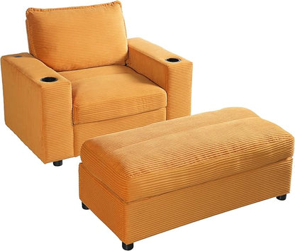 Christopher Knight Home Zoe Oversized Chaise Lounge Chair Indoor with Cup Holders & USB Charging Port, Corduroy Upholstered Sofa Bed + Ottoman with Storage, Comfy Deep Seat Sleeper Sofa Chair, Yellow
