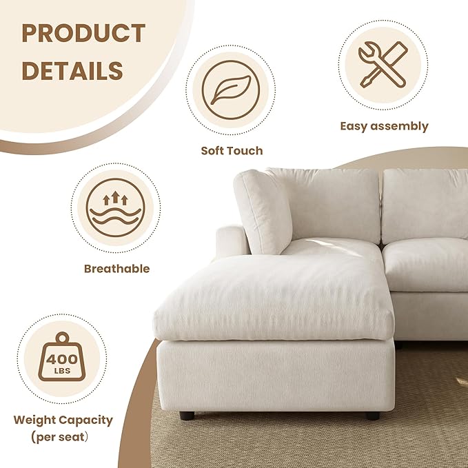 WJShome Modern V Shaped Sectional Couches for Living Room,100 Inch 5-Seater Chenille Deep Seat Modular Sofa with Ottoman, Cloud Couch for Bedroom and Apartment，Beige