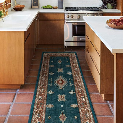 RUGGABLE Washable Vintage Area Rug – Verena Teal Blue 10x14, Stain-Resistant, Non-Slip – Large Machine Washable Rugs for Living Room, Bedroom, Hallway, Entryway & Office–with Standard Pad