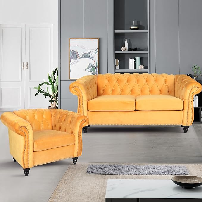 Velvet Loveseat Sofa, Mid Century Modern Upholstered Couch, 62" Oversized Comfy 2 Seater Love Seat Couch with Cushions, Tufted Chesterfield Sofa for Living Room, Bedroom, Apartment (Yellow)