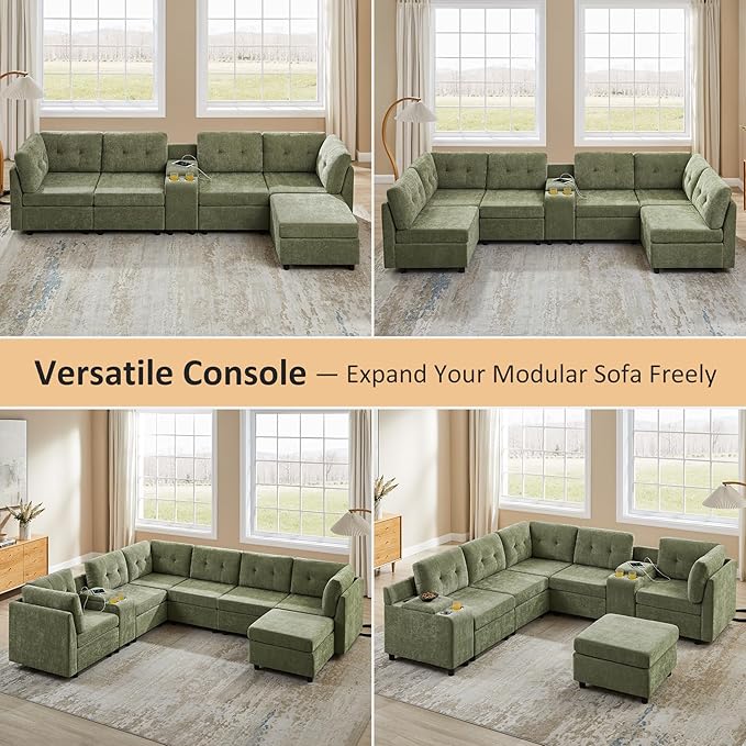 VANOMi 6 Seat Cloud Couches for Living Room, 118" Convertible Modular Cloud Sofas & Couches, Comfy Chenille Sectional Couch Sofa for Apartment, Office, Olive Green, L/U Shaped