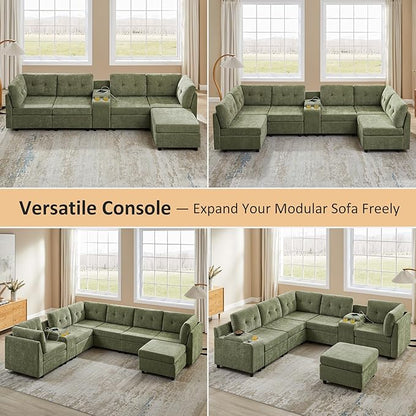 VANOMi 6 Seat Cloud Couches for Living Room with 2 Ottomans, 118" Convertible Modular Sectional Sofa Bed, Comfy Chenille Sofas & Couches for Living Room, Apartment, Office, Olive Green, Large Sofa Bed