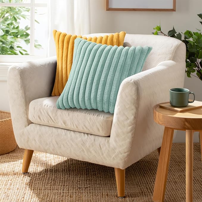 Pallene Faux Fur Plush Lumbar Throw Pillow Covers 12x20 Set of 2, Luxury Soft Fluffy Striped Decorative Pillow Covers for Sofa, Couch, Living Room, Aqua