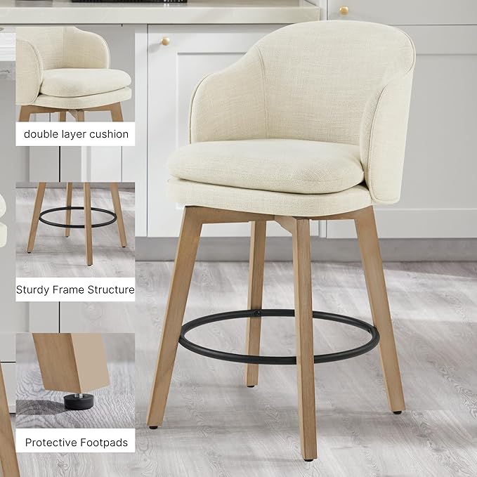 Counter Height Barstools 26 inch Upholstered Swivel Bar Stools with Back and Wood Legs for Kitchen Island,Set of 2,Linen Fabric