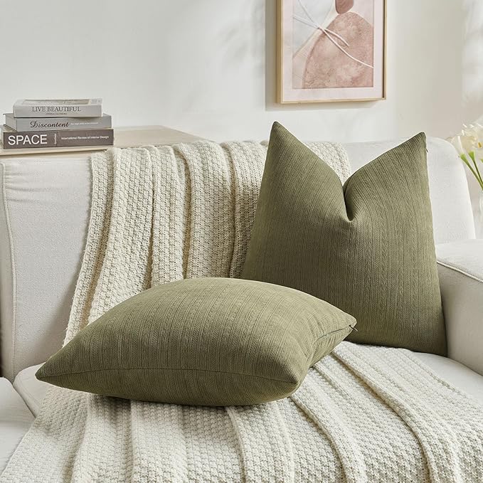 FUTEI Olive Green Decorative Throw Pillow Covers 24x24 Inch Set of 2,Soft Cozy Wheat Ear Striped Patterns European Cushion Cases,Modern Home Decor for Couch Bed Living Room