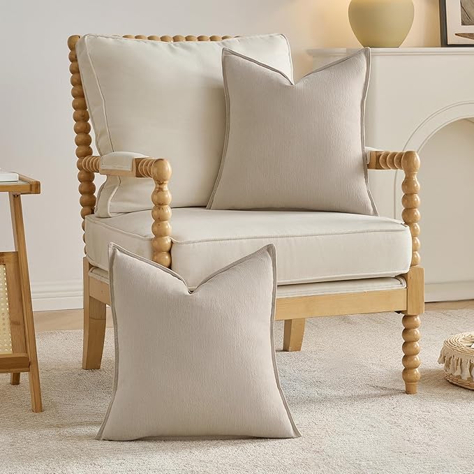 FUTEI Beige Chenille Throw Pillow Covers 24x24 Inch Set of 2,Edges Double-Stitched European Cushion Cases,Modern Home Decor for Couch Living Room