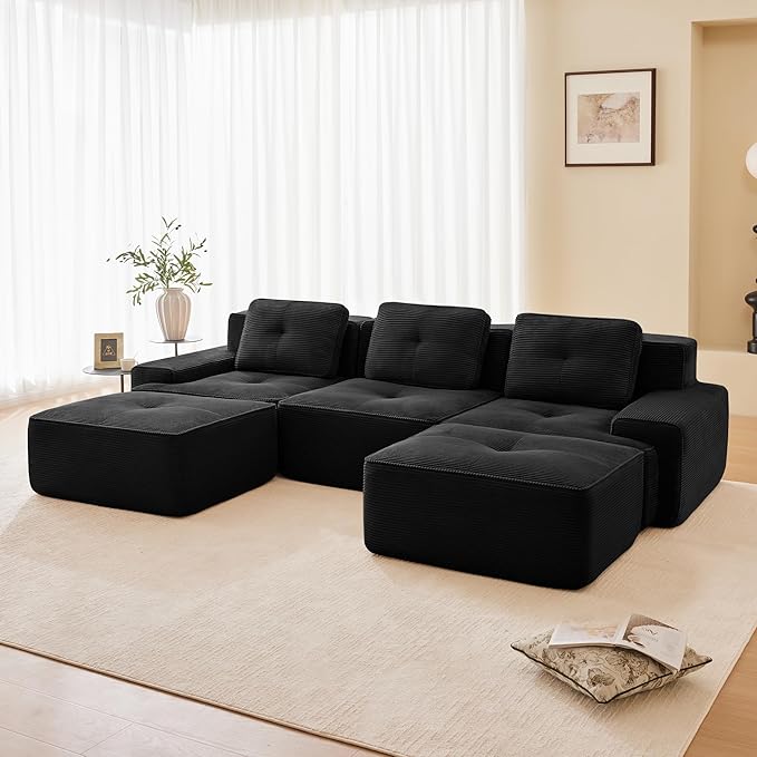115.3” Black Boneless Couches for Living Room, Modular Sectional Sofa with U-Shape Chaise, 3 Seater Comfy Upholstered Deep Seat Corduroy Fabric Cloud Couch No Assembly, Anti-Slip Design