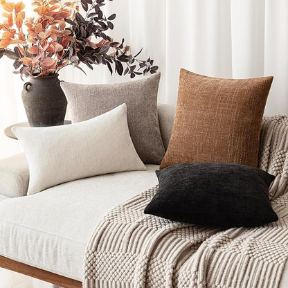 Foindtower Set of 2 Soft Textured Chenille Throw Decorative Pillow Covers Square Accent Solid Cushion Cover Cozy Neutral Farmhouse Pillow Case for Couch Sofa Bedroom Living Room 18x18 Inch,Light Taupe