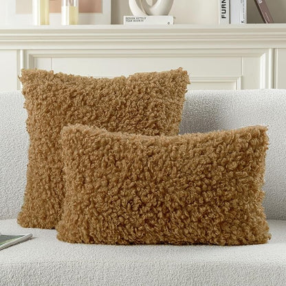 FUTEI Camel Decorative Throw Pillow Covers 26x26 Inch Set of 2,Soft Fluffy Faux Wool Fur Boucle Textured Pillow Shams,Modern Home Decor for Couch Bed Living Room Office