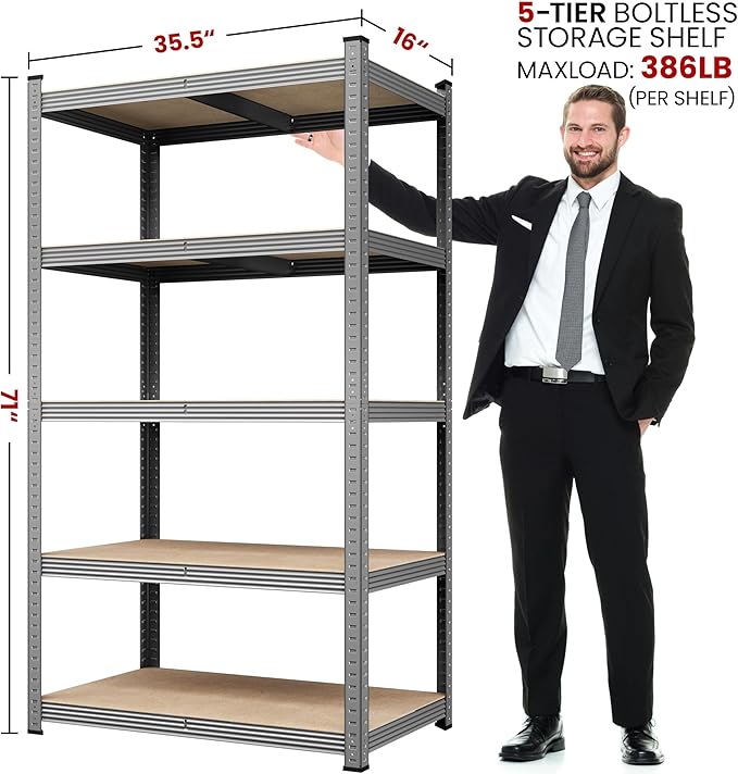 Yaheetech Standing Shelf Units, 5 Tier Storage Shelf, Heavy Duty Shelving, Adjustable Garage Shelves, Utility Rack Shelf Unit, Basement Warehouse Shed, 35.5" Wx 16" D x 71" H - Light Gray