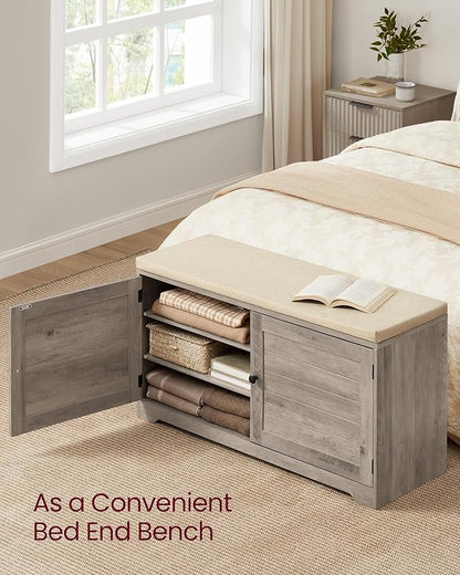 VASAGLE Shoe Storage Bench with Cushion, 3-Tier Entryway Bench with Padded Seat, Doors, Adjustable Shelves, 14 x 39.8 x 20.7 Inches, Hallway, Bedroom, Heather Greige and Cappuccino Beige ULSB044L01