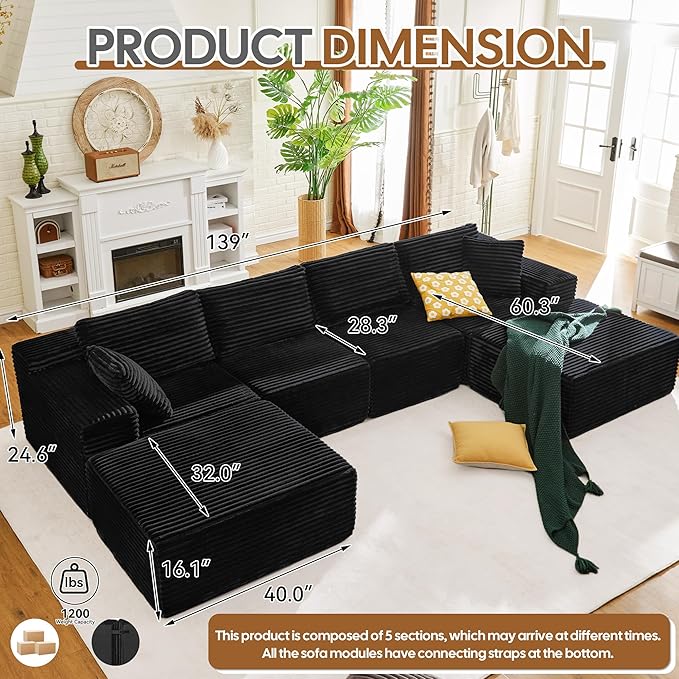 Balshaw 108" Cloud Sectional Couch Sofa with L-Shape Chaise, Modern Modular Sofa Couch Upholstered Couches for Living Room Bedroom, No Assembly Required (Black, U Shape)