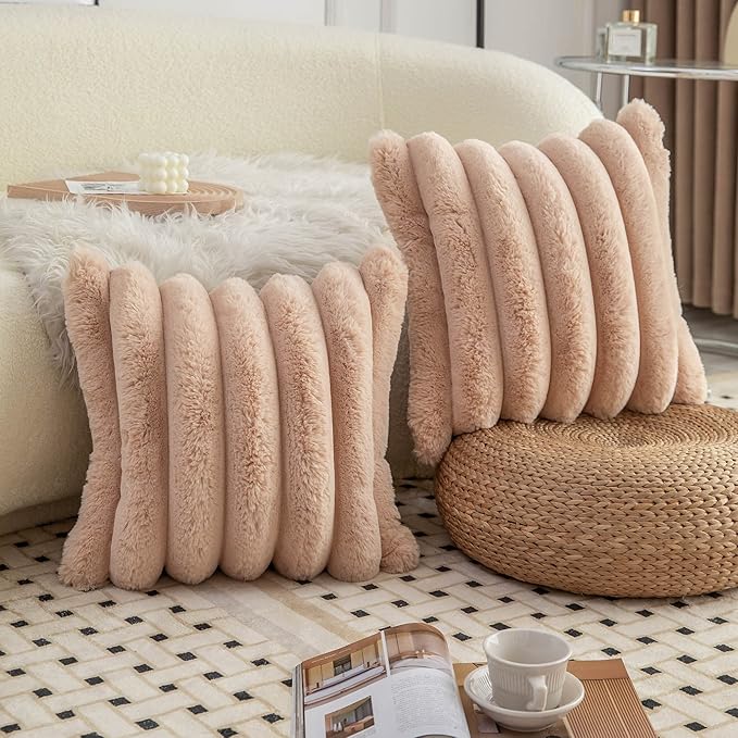 Neelvin Camel Faux Fur Cozy Soft Striped Decorative Throw Pillow Covers 16x16 inch Set of 2,Velvet Pillowcase Cushion Case for Sofa Couch