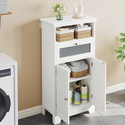 ChooChoo Bathroom Floor Storage Cabinet with Flip Glass Drawer, Freestanding with 2 Doors, Adjustable Shelf & Open Storage for Living Room, Hallway, White