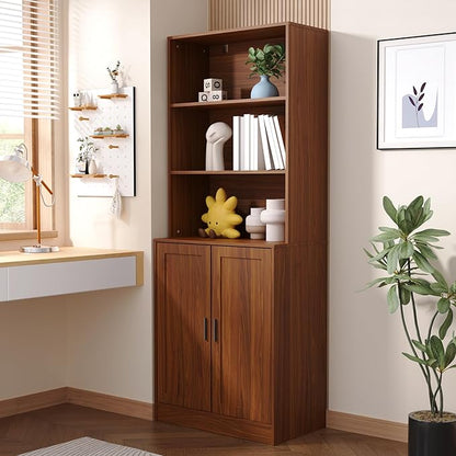 75" Tall Bookcase with Doors, 5 Tier Large Bookshelf with Cabinet, Standing Wood Display Book Shelf for Living Room, Office, Library with Doors, Brown