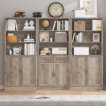 72'' Tall Bookcase with Doors and Drawers, Adjustable Shelves, P2 MDF Construction, 32'' Wide Freestanding Cabinet with Metal Handles, Hidden Storage for Living Room, Bedroom, Grey