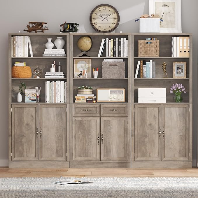 72'' Tall Bookcase with Doors, Adjustable Shelves, P2 MDF Construction, 32'' Wide Freestanding Cabinet with Metal Handles, Hidden Storage for Living Room, Bedroom, Grey
