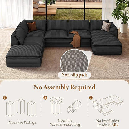 Vesgantti 141.7" Oversized Sectional Boneless Couch, 7 Seater Modular Sofa with Chaise & Ottoman & Armrest, Deep Seat Plush Corduroy Cloud Couch for Living Room, No Assembly Required, Dark Gray