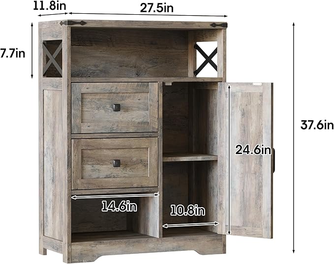 Fameill Farmhouse Storage Cabinet with 2 Drawers & Shelves,Freestanding Kitchen Cabinet with Doors,Floor Storage Organization for Living Room,Bathroom,Laundry,Grey