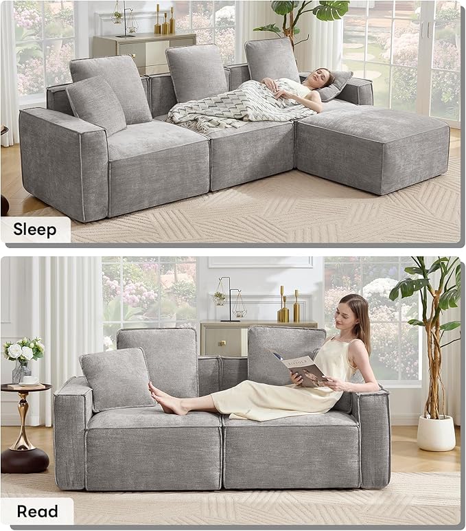 WILLOVE 141'' Modular Sectional Sofa, Chenille Cloud Couch with Wide Armrests & 6 Pillows, Deep Seat Couches for Living Room, Grey