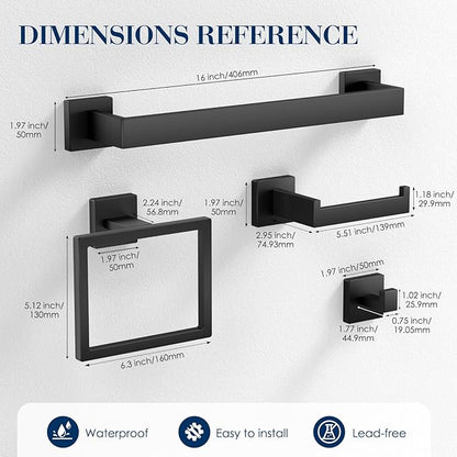 10-Pieces Towel Racks for Bathroom, Matte Black Bathroom Accessory Set, Stainless Steel Black Bathroom Accessories, SUS304 Stainless Steel Wall Mounted, Bath Towel Bar Set