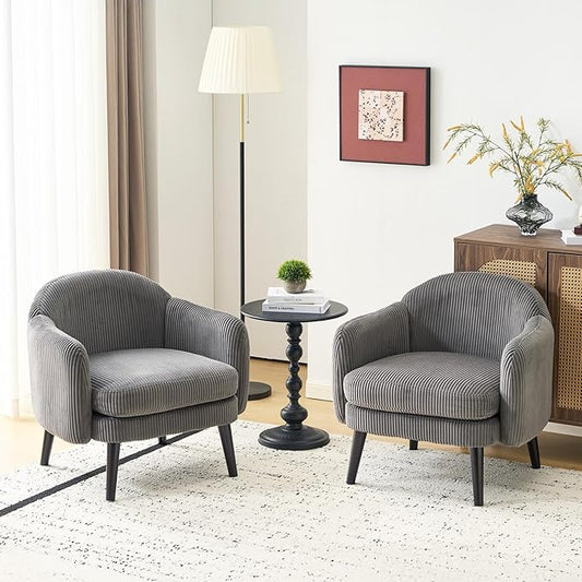 VINGLI 30.3" Wide Modern Barrel Accent Armchairs Set of 2 with Track Armrest, Solid Wooden Legs, Comfy Upholstered Club Chairs, Single Home Sofa for Living Room, Bedroom, Reading Room, Corduroy Grey