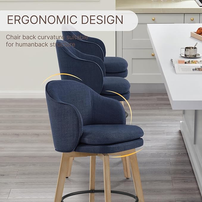Counter Height Barstools 26 inch Upholstered Swivel Bar Stools with Back and Wood Legs for Kitchen Island,Set of 3,Blue Fabric