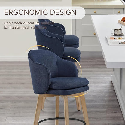 Counter Height Barstools 26 inch Upholstered Swivel Bar Stools with Back and Wood Legs for Kitchen Island,Set of 4,Blue Fabric