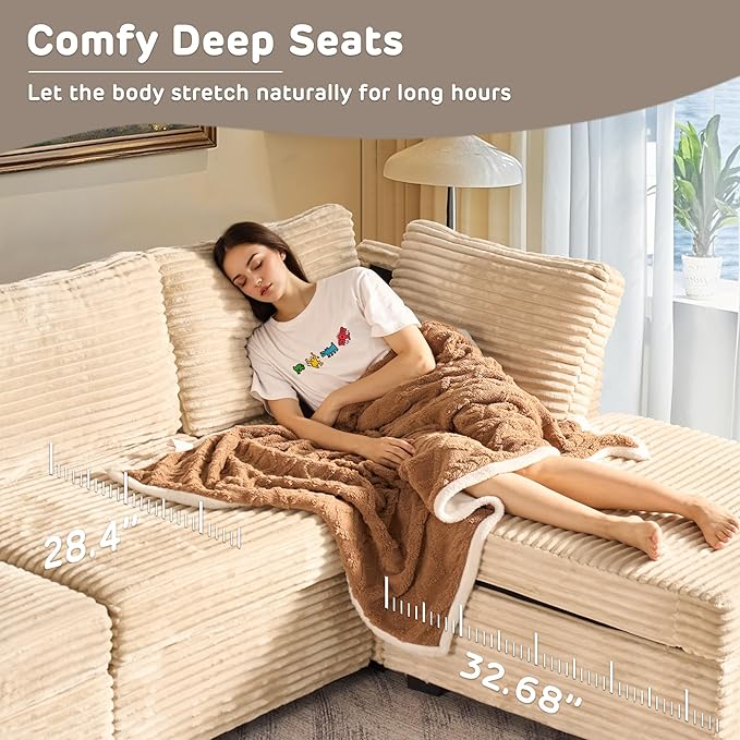 98" Modular Sofa with Swivel Chairs, Modern L Shape Cloud Sectional Couch Plush Corduroy 5 Seater Deep Seat Sofas Set & Accent Armchair Set of 2 for Living Room, Beige
