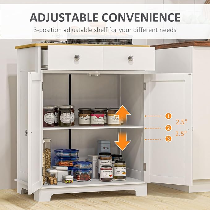 HOMCOM Sideboard with Solid Wood Countertop, Modern Kitchen Storage Cabinet, Coffee Bar Cabinet with 2 Drawers, Doors and Adjustable Shelf, Distressed White
